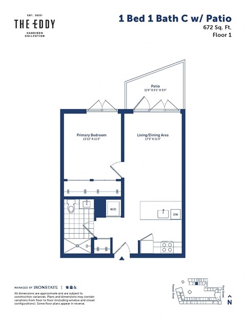 the floor plan of the 1 bed 1 bath condo
